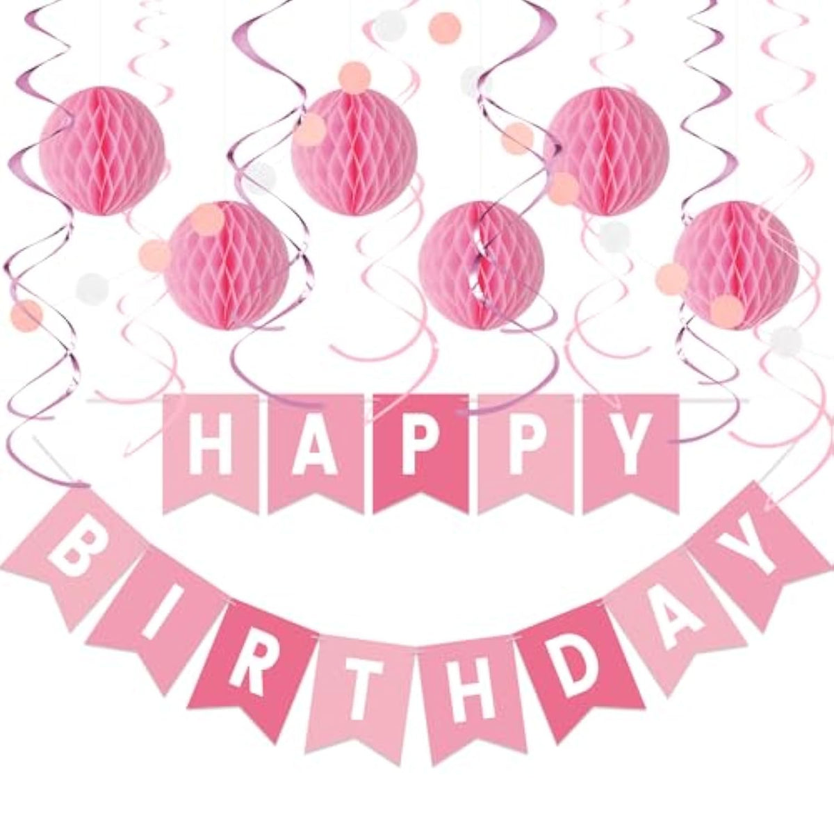 16pcs Pink Birthday Kit with Banner, Honeycomb Balls, Garland & Swirls Decor