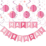 16pcs Pink Birthday Kit with Banner, Honeycomb Balls, Garland & Swirls Decor