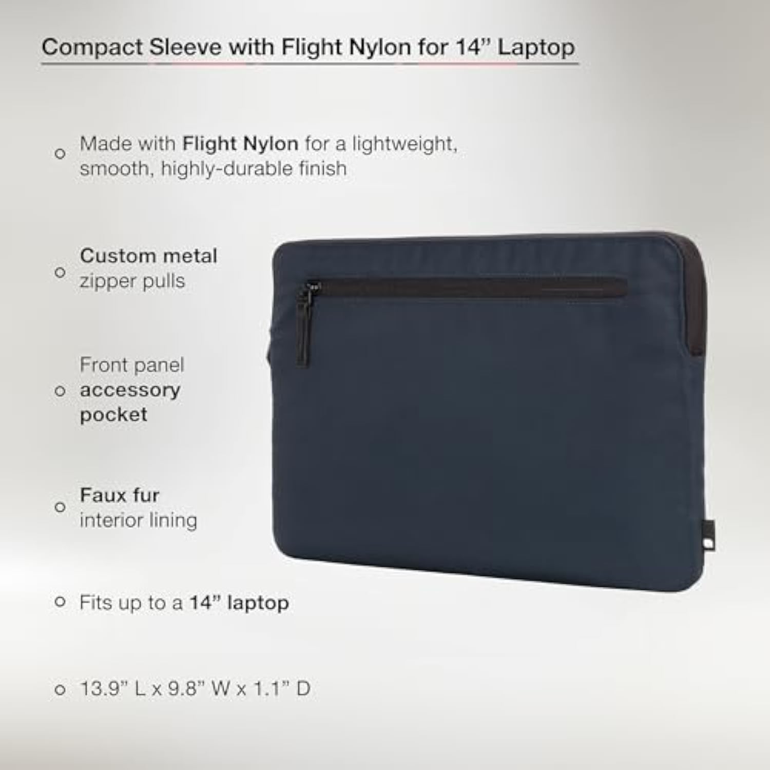 Incase Compact Laptop Sleeve with Flight Nylon - 14-inch MacBook/Laptop & iPad/Tablet Sleeve - Faux Fur Lining, Lightweight, Durable, Weather Resistant, Slip Pocket for Accessories - Navy