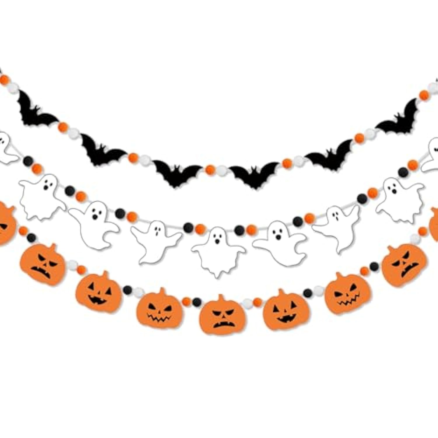 3Pcs Halloween Felt Garland with Ghost Bat Pumpkin and Pompom Ball Hanging Banner
