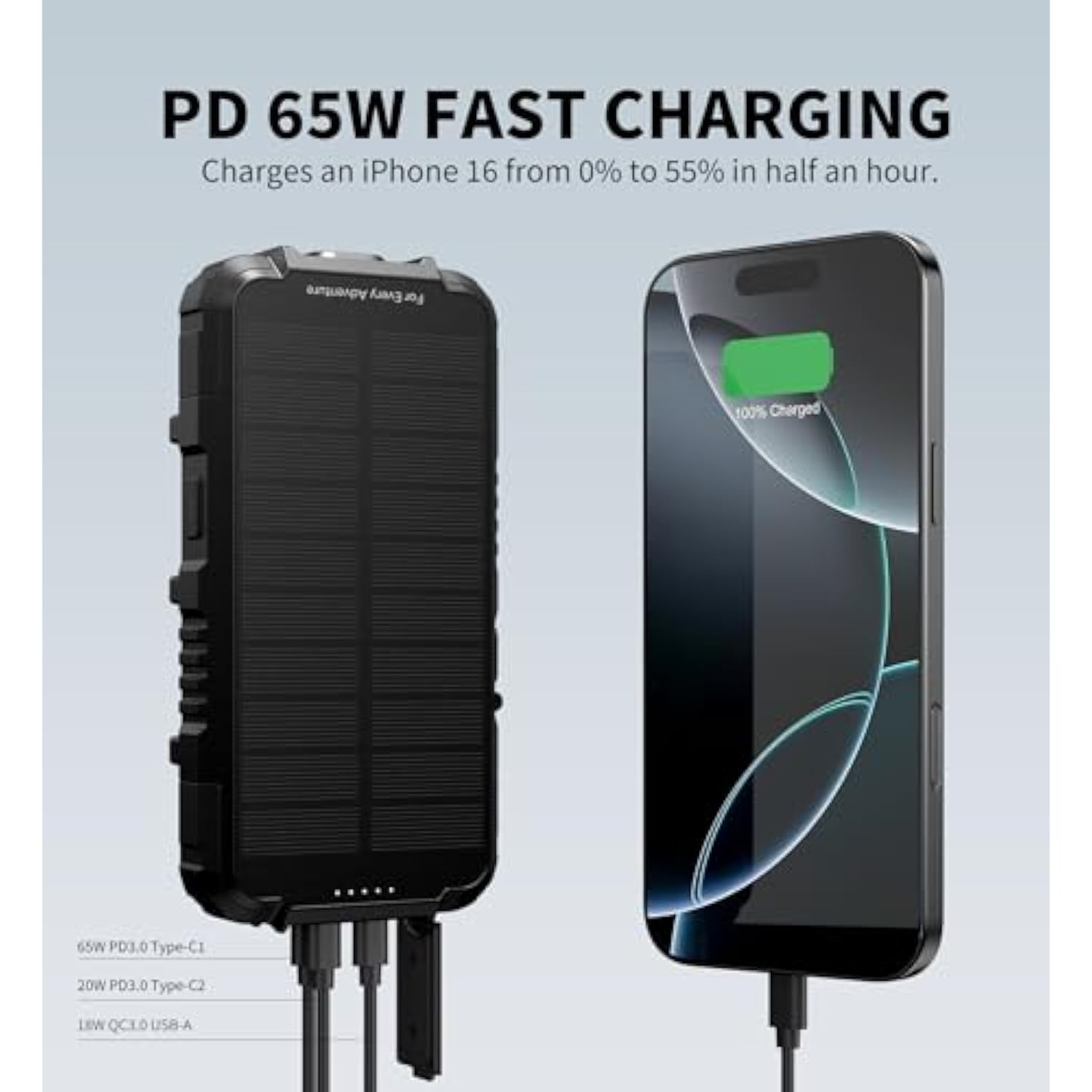 Solar Charger Power Bank 27,000Mah, 65W Pd3.0 & Qc3.0 Fast Charging Powerbank External Battery Pack Portable Wireless Chargers With Flashlight And Carabiner, Compatible With Magsafe & Qi