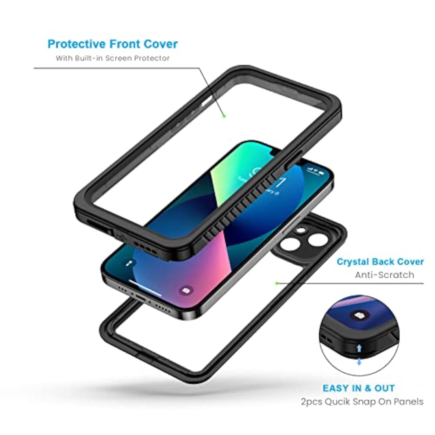 For 13 Case, Ip68 Waterproof Dustproof Shockproof Cases With Built-In Screen Protector, Full Body Sealed Protective Front And Back Cover For 13, 6.1 Inch (Black)