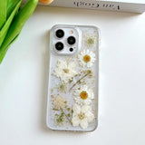 Clear Case with Pressed Real Flowers Design for iPhone 15 Pro Max - Glitter Cute White Floral Pattern Slim Soft TPU Protective Women's Phone Cover