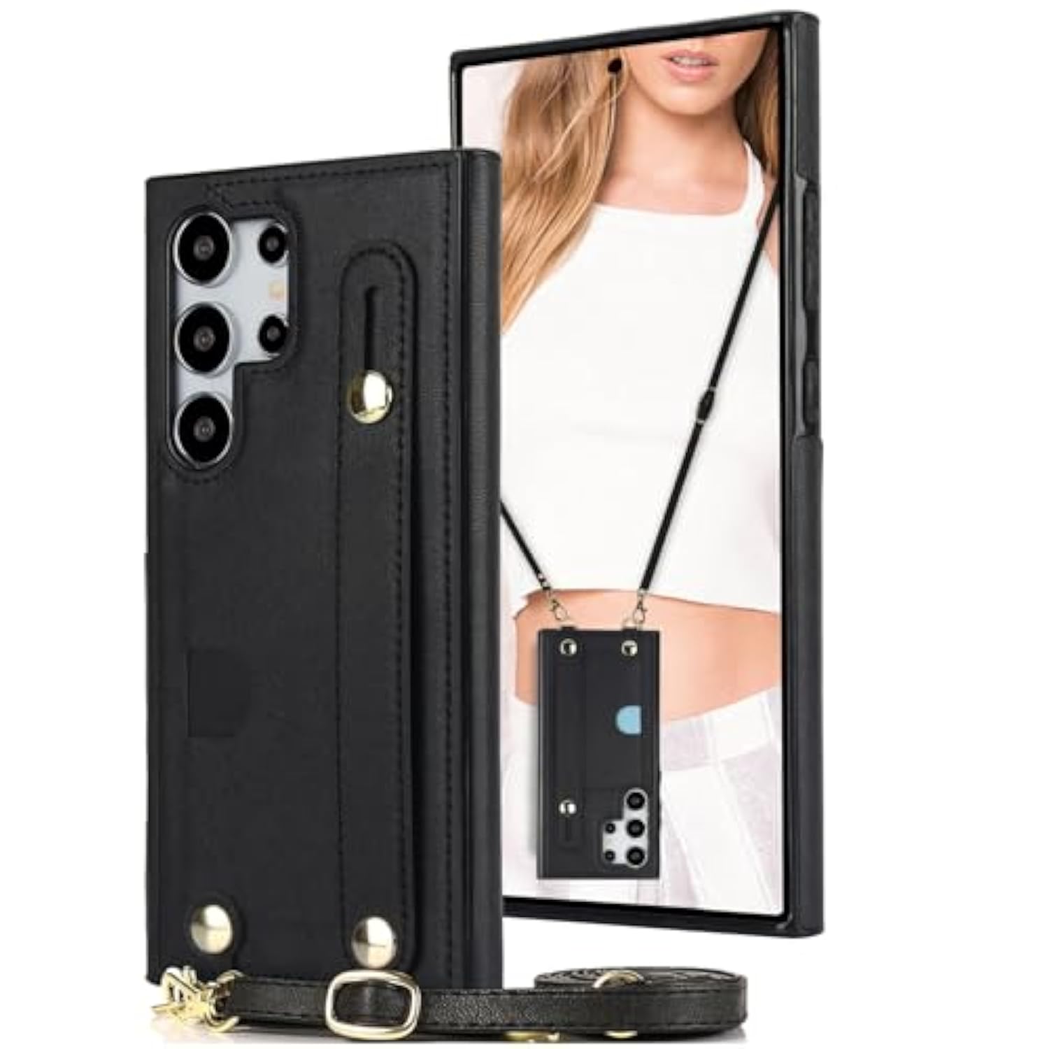 Crossbody Case For Samsung Galaxy S25 Ultra With Card Slot Holder For Women, Adjustable Shoulder Strap Lanyard With Wristband Kickstand Phone Cover Case For Samsung S25 Ultra Kb Black