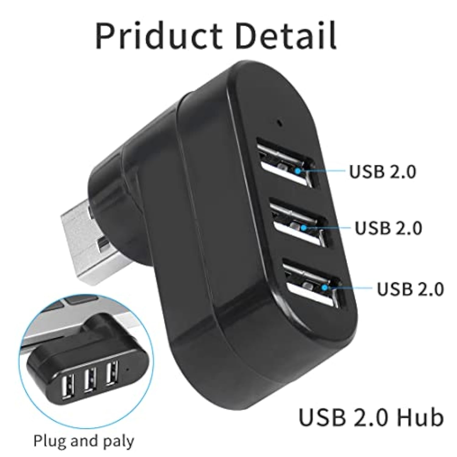 Usb 3 Port Expander Splitter 2Pcs 180° Degree Rotatable Usb 2.0 1 To 3 Hub For