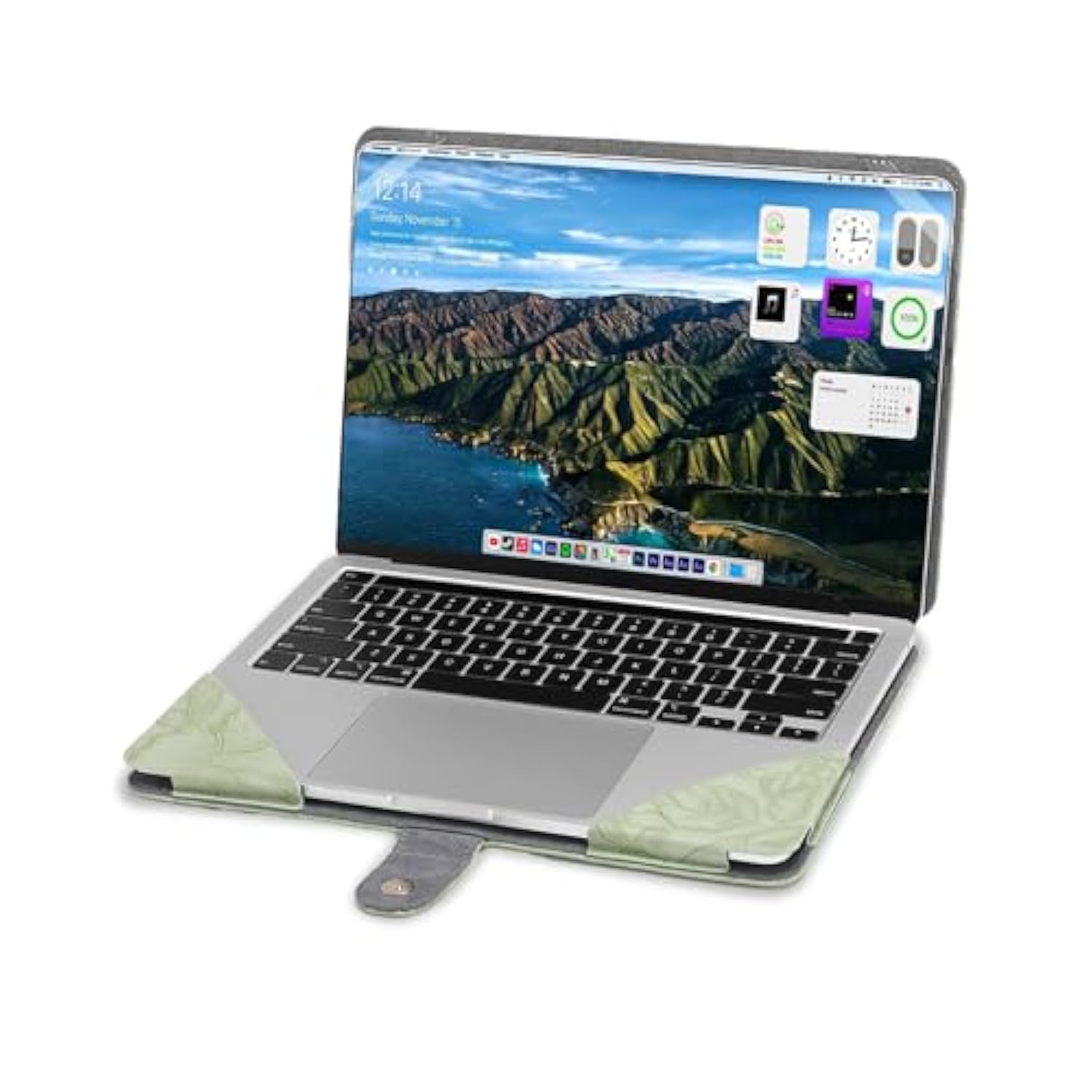 MOSISO Case Compatible with MacBook Air 13.6 inch M4 M3 M2 2025-2022 /Air 13 M1 2022-2018 /Pro 13 M2 M1 2025-2016, Embossed Retro Hibiscus PU Leather Portfolio Protective Stand Cover, Sage Green