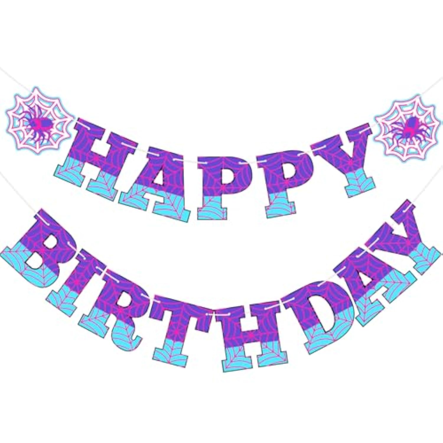 Ghost Spider Theme Birthday Banner Decorations Pre-Strung Purple Spider Web Happy Birthday Banner Flags Sign Purple Blue Pink Cartoon Backdrop Party Supplies Favors