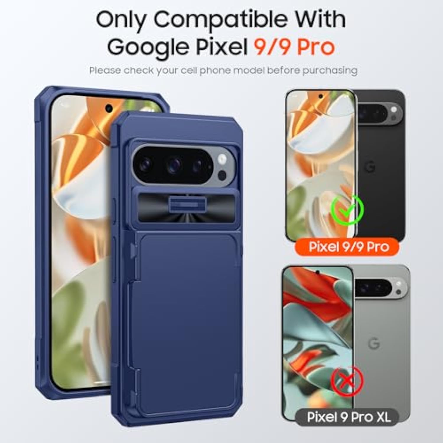 Cenmaso For Google Pixel 9 Pro Case/Pixel 9 Case With Card Holder (4 Cards) & Sliding Camera Cover & Kickstand?Rfid Blocking? Fullbody Shockproof Wallet Phone Case For Pixel 9/9 Problue