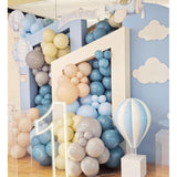 Up Up And Away Balloon Garland Arch Kit, 152Pcs Dusty Slate Fog Baby Blue And Sand White Balloons With Hot Air Balloon And Cloud Foil Balloons For Baby Shower Decoration Teddy Themed Party