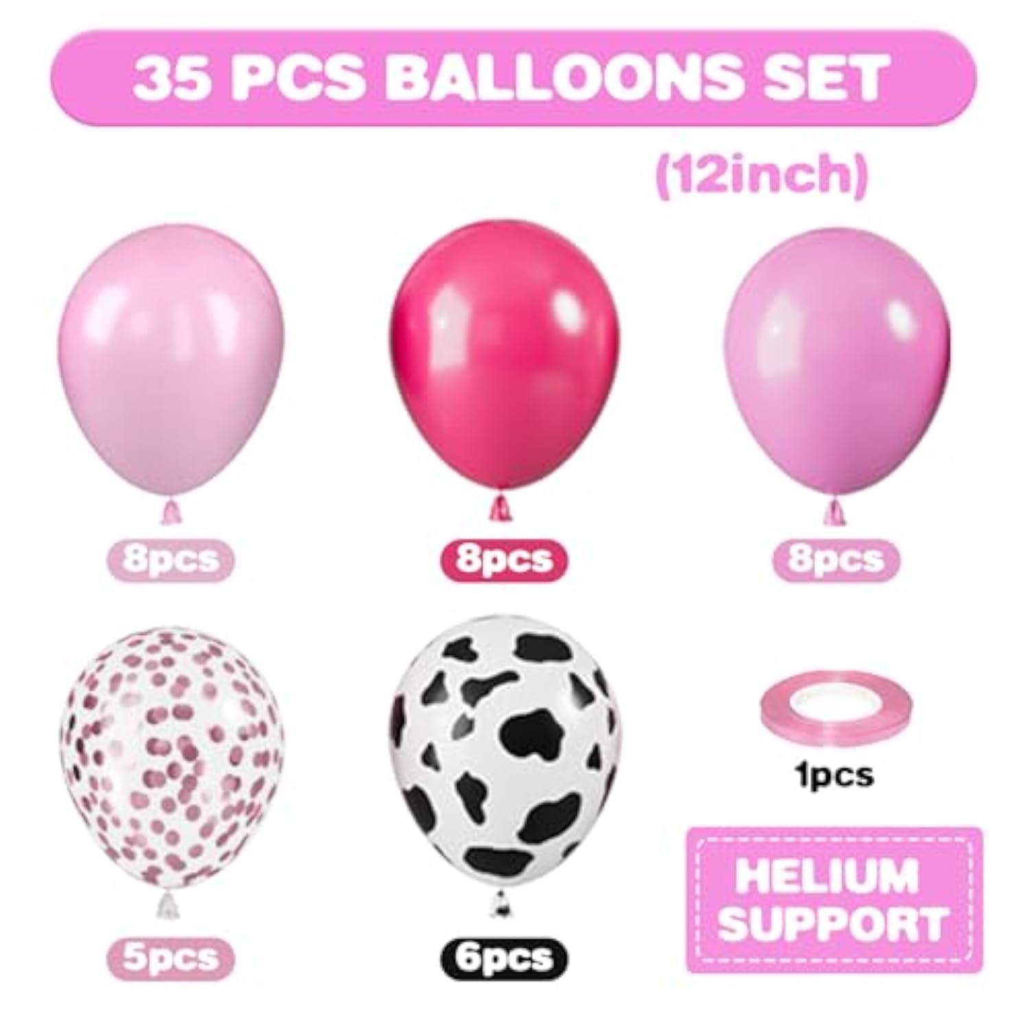 Pink Cow Balloons, 12 Inch Pink Cow Print Balloons, Pastel Hot Pinks Cows Pattern Helium Balloon Confetti Latex Balloon For Girl Farm Birthday Baby Shower Rodeo Party Decorations