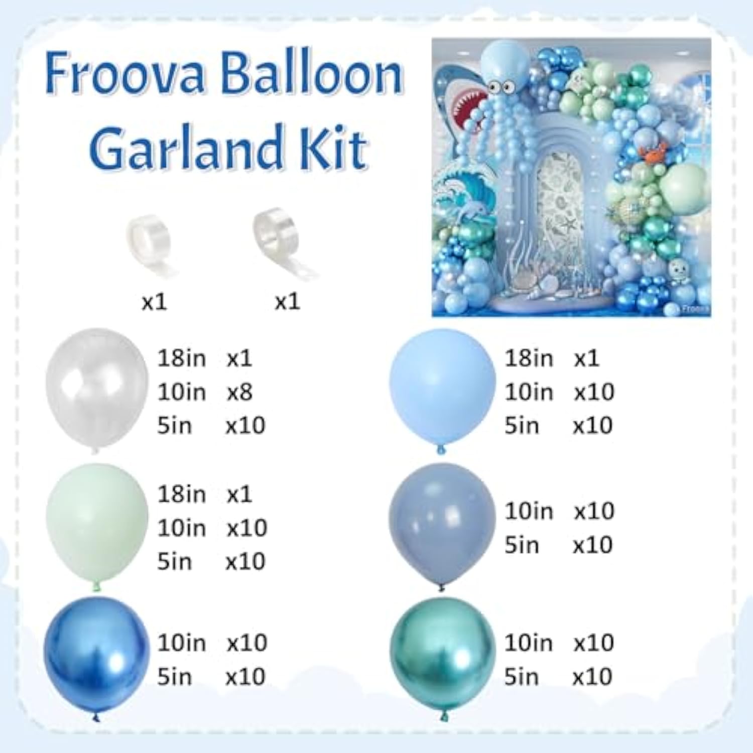 Under The Sea Balloons Garland Arch Kit, 123Pcs Dusty Blue Teal Pastel Green Metallic Blue Green Ocean Balloon With Transparent Balloons For Shark Baby Shower Sea Animal Birthday Party Decorations