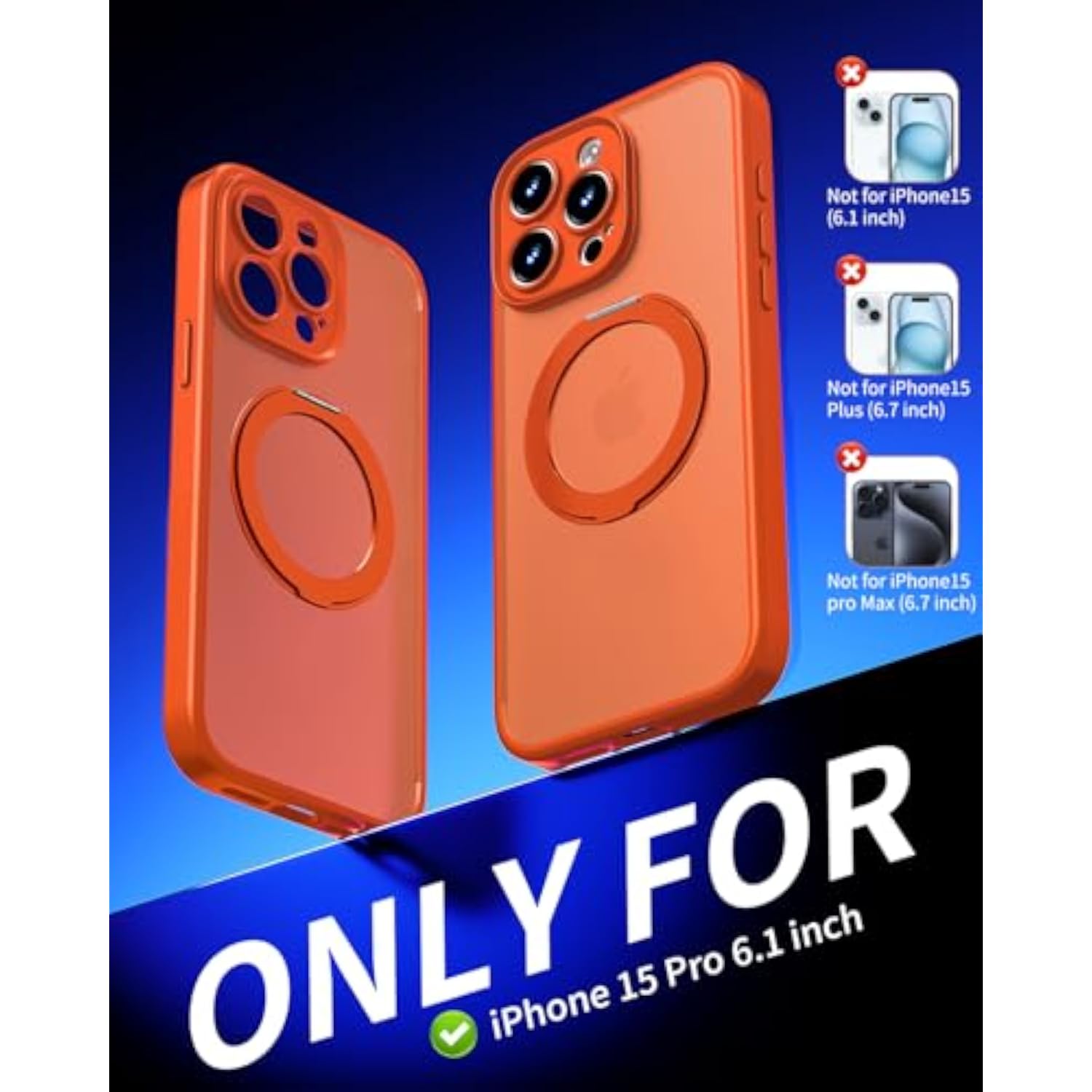 Upgraded 360° Spin Magnetic Stand for iPhone 15 Pro Case, Orange - Compatible with Magsafe, Military Grade Protection, Full Camera Protection, Translucent Matte Phone Case for iPhone 15 Pro