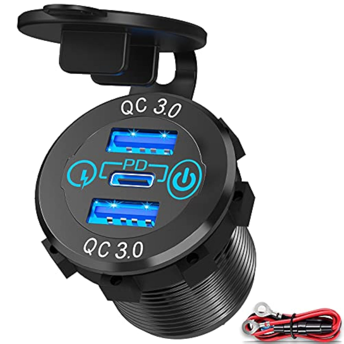 56W Usb C Car Charger Socket, Aluminum Metal 12V/24V Multiple Usb Outlet Pd 20W Usb-C And Dual Qc3.0 Ports With Power Switch Usb Port 12V Socket For Car Rv Boat Marine Truck Golf Motorcycle