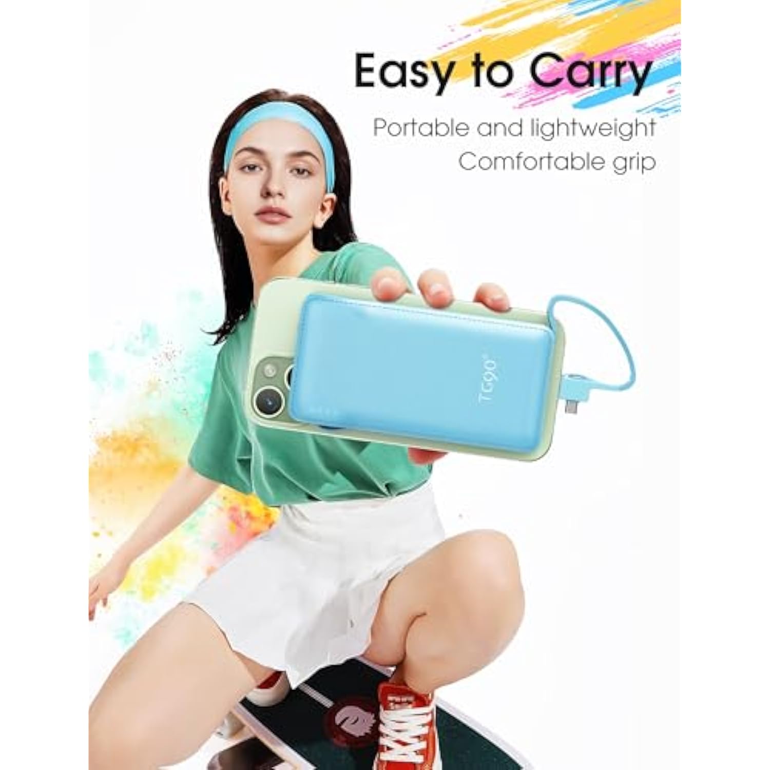 Tg90° 10000Mah Power Bank With Built-In Ac Wall Plug And Cables, Ultra Slim Phone External Battery Pack Portable Charger Compatible With Iphone And Android Devices
