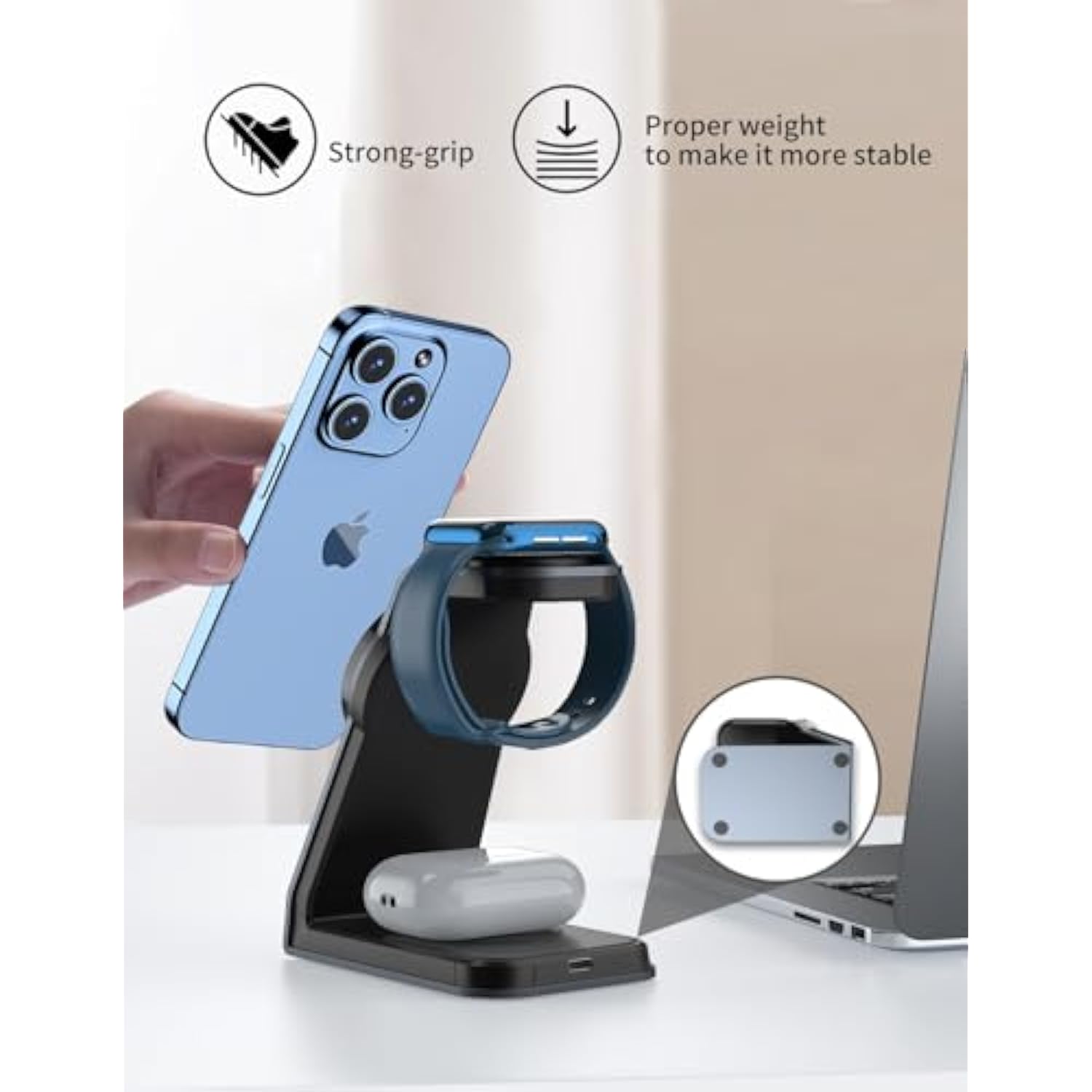 Aluminum 3 In 1 Charger Stand, Magnetic Wireless Charger Iphone Charging Station For Apple - Iphone 16 15 14 Pro Max 13 12 11 - Watch 8 7 6 5 4 3 2 Se - Airpods 3 2 Pro - (Adapter Included)