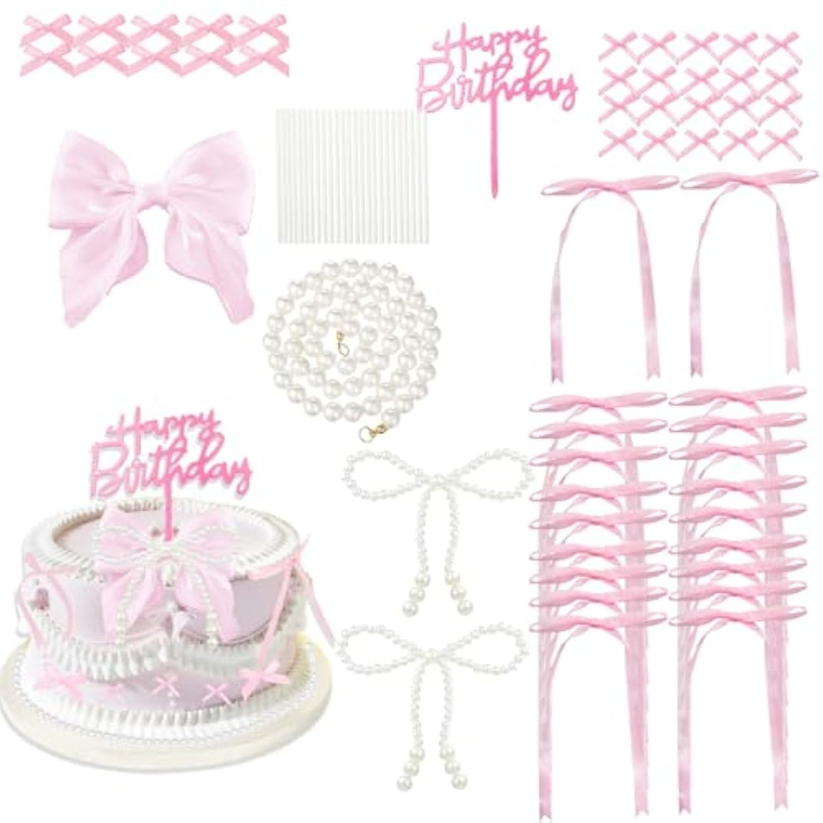 Pearl Bowknot Cake Toppers,Happy Birthday Cake Toppers,Ribbon Bows Cake Decoration Pearl Chain For Wedding Bridal Shower Birthday Bow Theme Party Decorative Supplies(Pink)