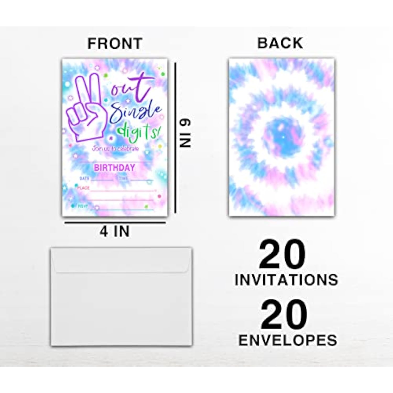 10Th Birthday Party Invitations, Out Single Digits Party Invites, Decorations, Favors, And Supplies For Kids Teens, Tie Dye Birthday Fill-In Invitations, 20 Cards With Envelopes (A03)