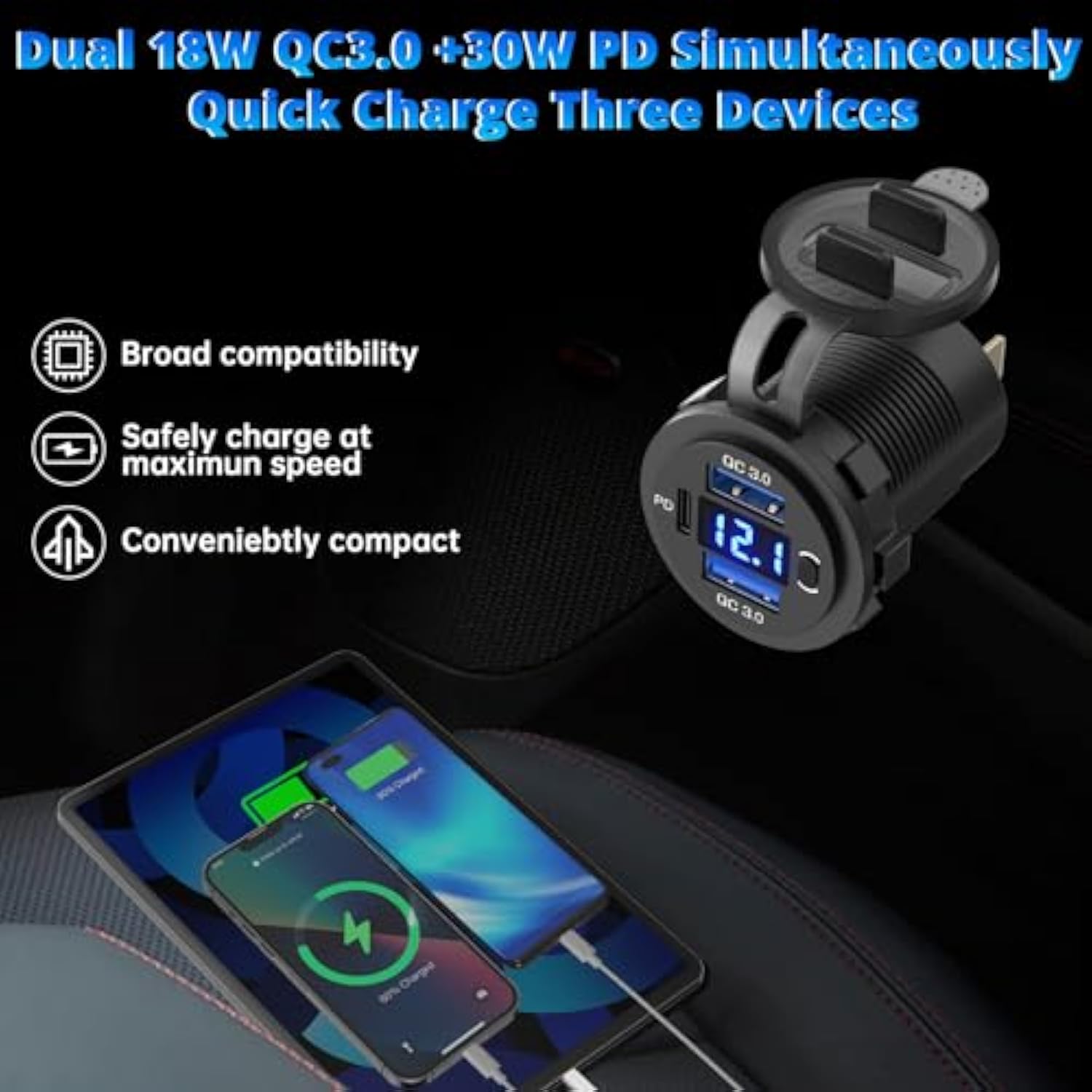 12V Usb Outlet Dual 18W Quick Charge 3.0 Port & 30W Pd 12V Usb C Car Charger Socket With Voltmeter And Power Switch, Waterproof Multiple Car Usb Port Adapter For Car Boat Marine Truck Golf Rv