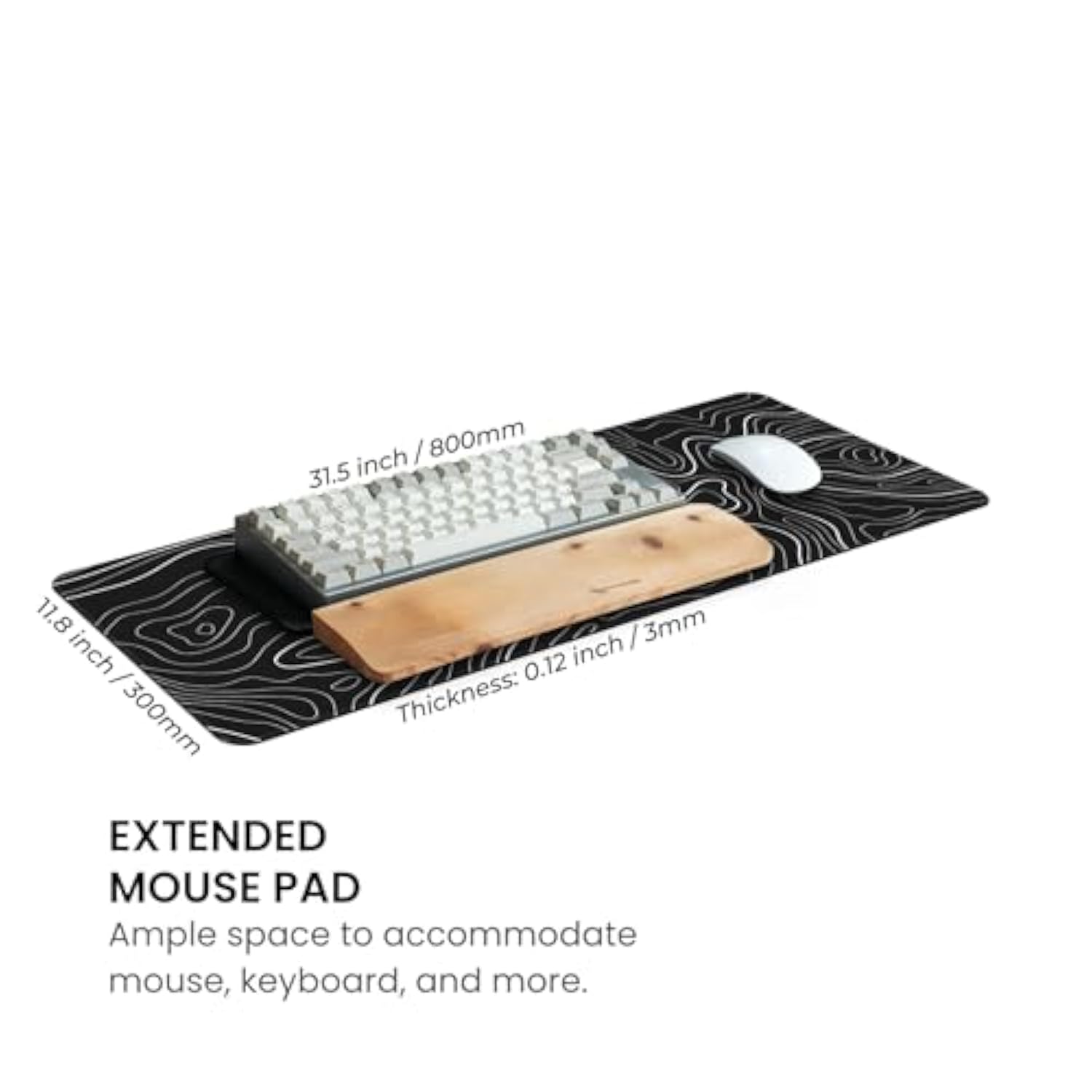 Large Gaming Mouse Pad, Full Keyboard Mat, Long Laptop Mousepad, Computer Mouse Mat For Home And Office, Anti-Slip Rubber Base, 31.5 X 11.8 Inches (Black Topographic Map)