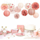 Wedding Party Decorations, 12 PCS Rose Pink Floral Paper Lanterns Tissue Pom Poms Backdrop Decoration for Pink Boho Wedding Bridal Shower Birthday Tea Party Decor