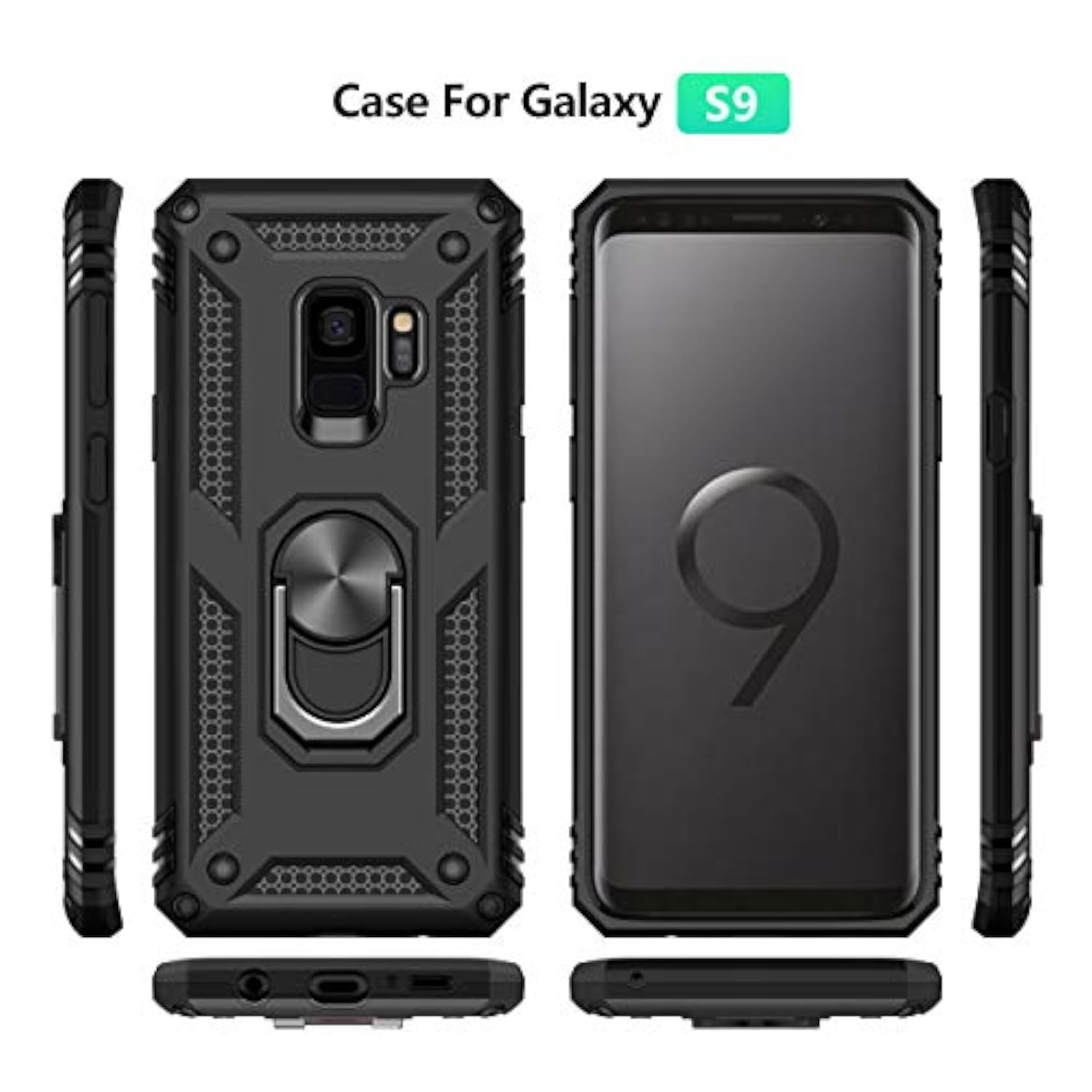 For Samsung Galaxy S9 Case With Hd Screen Protectors, Military-Grade Metal Ring Holder Kickstand 15Ft Drop Tested Shockproof Cover Case For Samsung Galaxy S9 (2018), Black