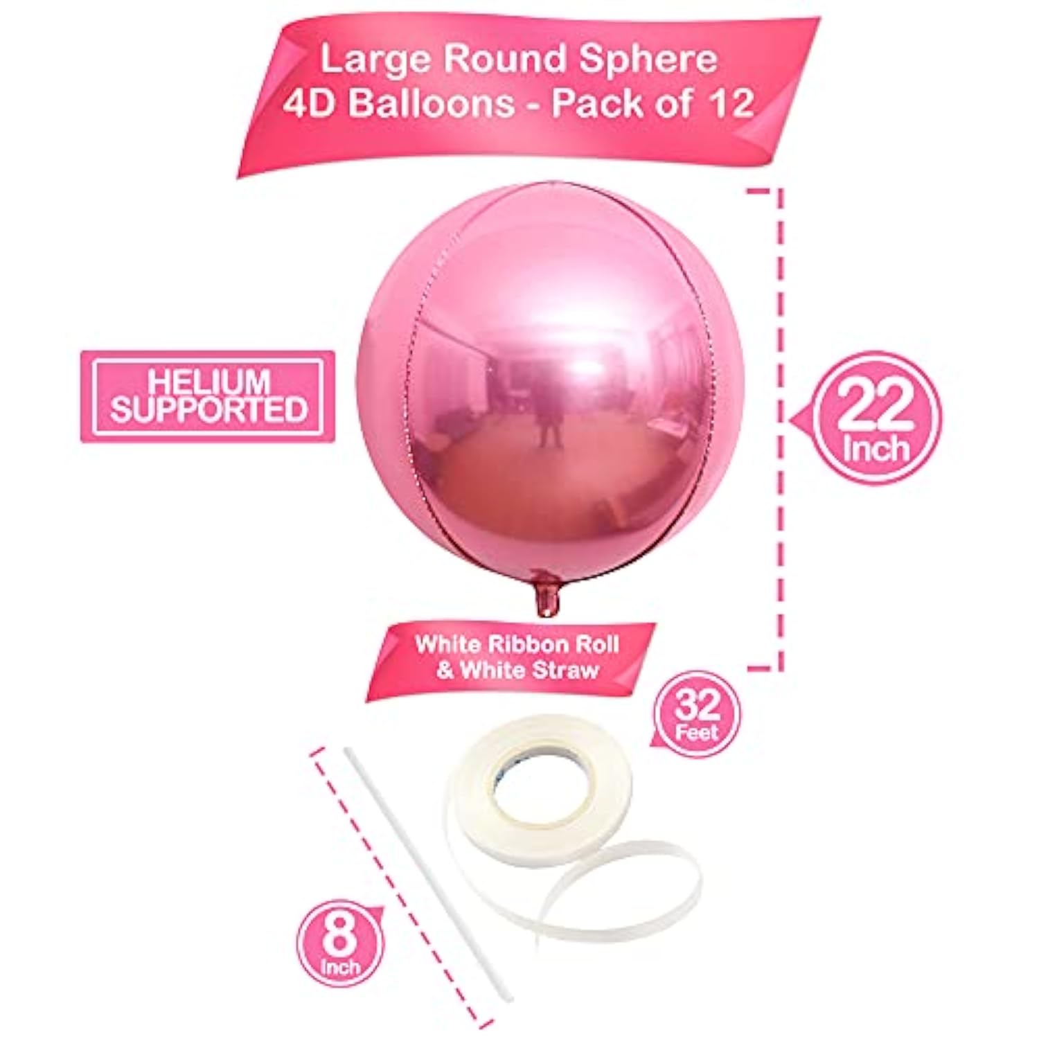 12 Pieces, Large Metallic Pink Balloons - 22 Inch | 360 Degree 4D Sphe
