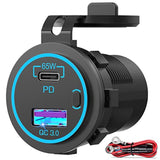 83W12V Usb Outlet 65W Usb C For Laptop Car Charger Socket Quick Charge3.0 18W With Power Switch Long Body Waterproof Adapter For Car Boat Marine Truck Golf Rv