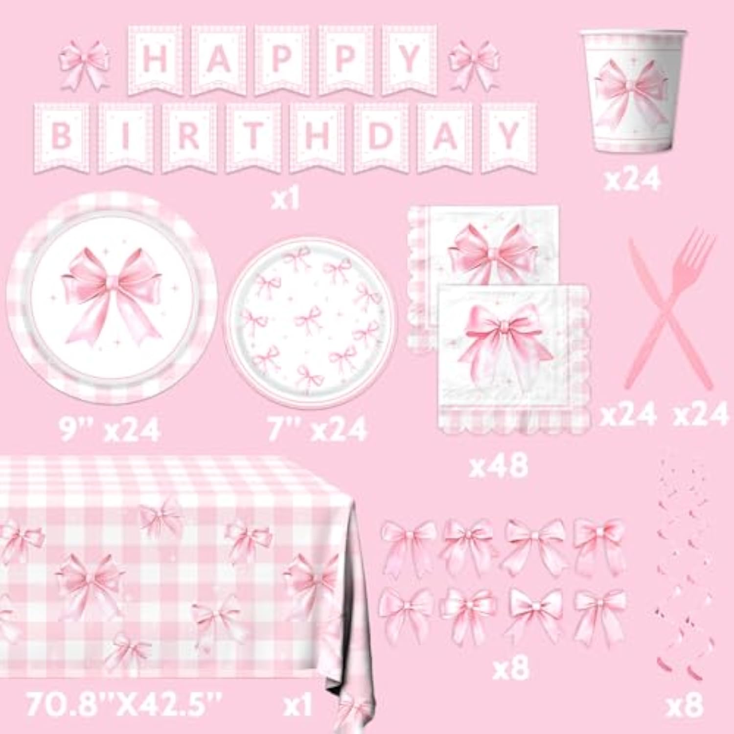 178PCS Coquette Pink Bow Party Set - Plates, Napkins & Tableware for 24 Guests