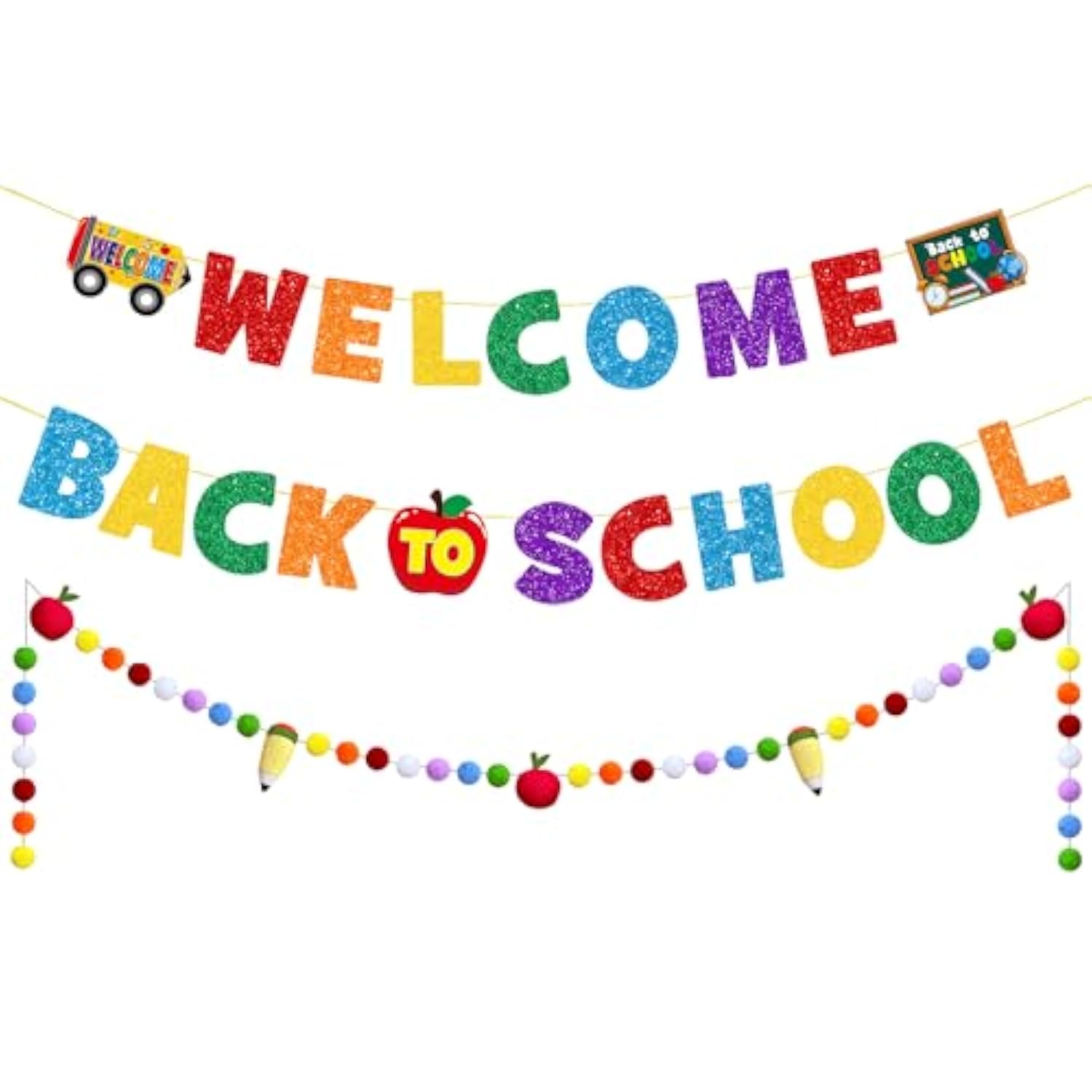 Glittery Welcome Back To School Banner Set Back To School Felt Ball Banner First Day Of School Kindergarten College Middle School Garland Decor Back To School Party Decorations Supplies