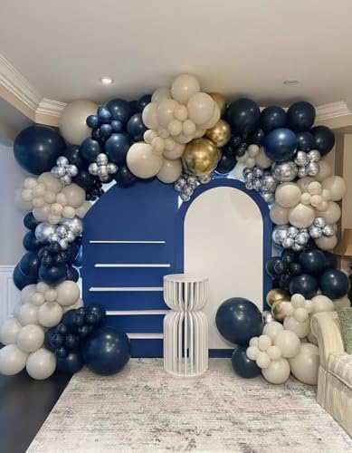 Navy Blue Silver White Balloon Arch Kit, Double Stuffed Pearl Sand White Royal Dark Blue Chrome Silver Confetti Balloons Garland Kit for Birthday Graduation 2026 New Years Party Decoration