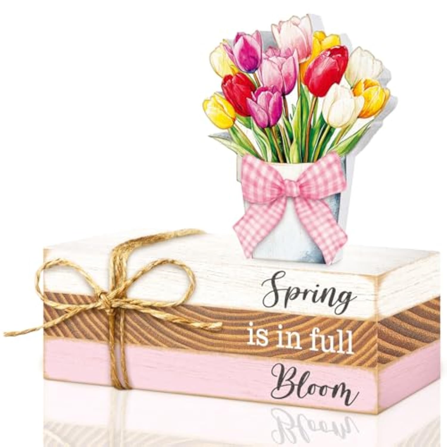 4 Pcs Spring Table Decor Tulip Wooden Sign Spring Farmhouse Wooden Block Decorative Floral Book Tiered Tray Easter Decor Rustic Decoration For Bookshelf Fireplace Desk Living Room(Classic)