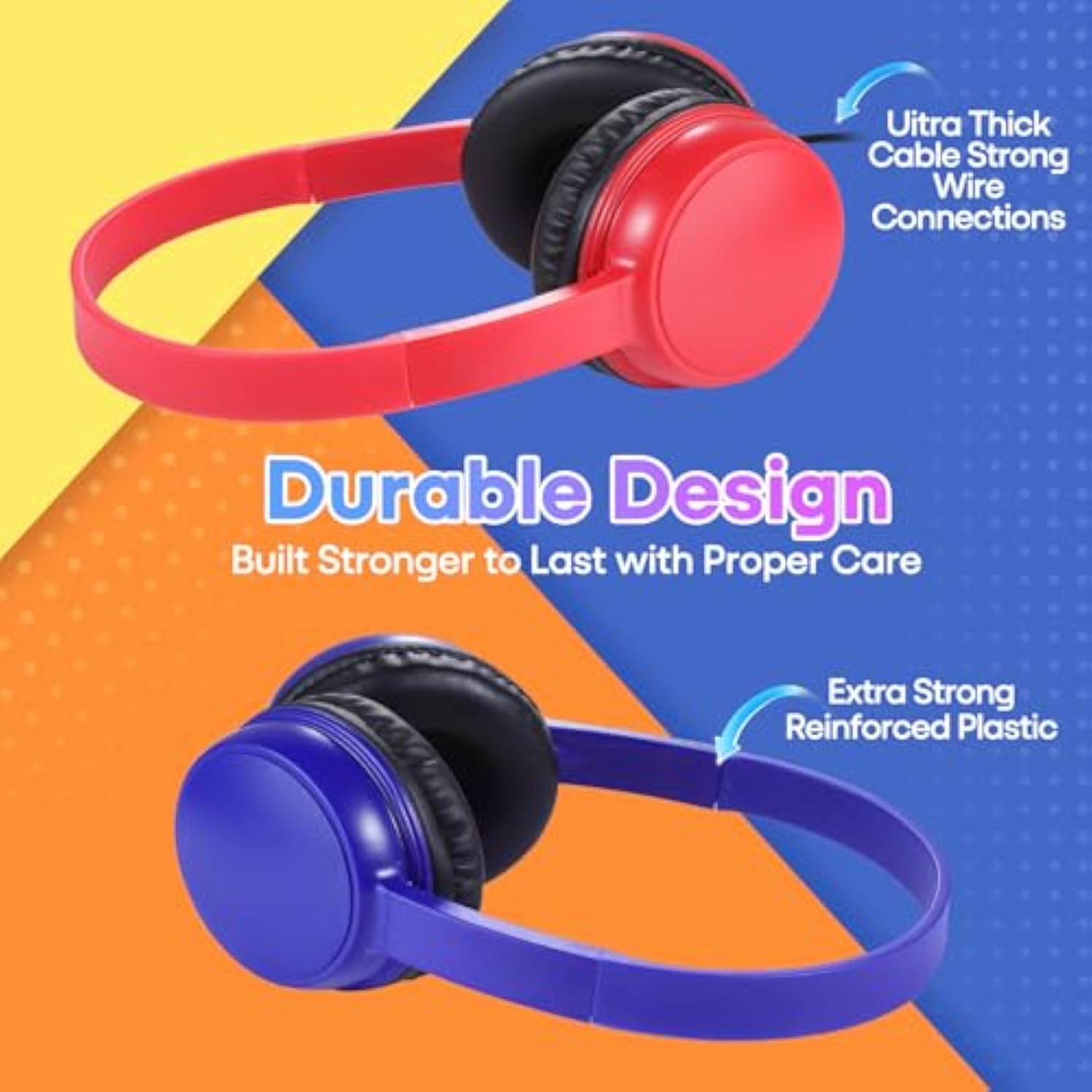 Classroom Headphones Bulk 10 Pack Mutli Colors For Kids Schools, Class Sets Headsets For Students (Durable,Leather Earcup, Noise Reducing, Comfortable, Easy-To-Clean)