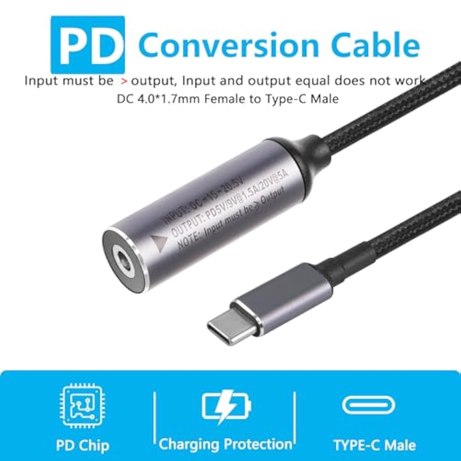 Pd 100W Dc4017 To Type C Power Charging Cable, Dc 4.0X1.7Mm Female Input To Us