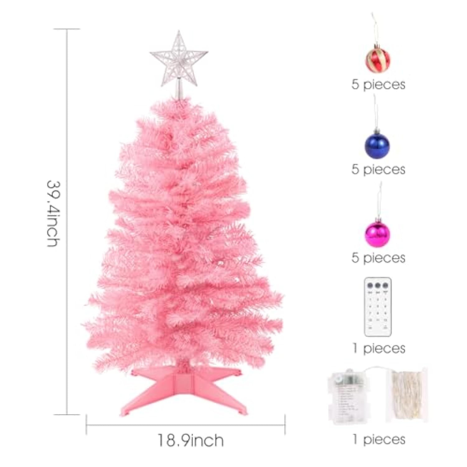 3Ft Christmas Tree With Lights, Table Christmas Tree With 50 Led 12 Modes, 3D Star, 15 Hanging Ball Ornaments, Small Prelit Xmas Tree For Tabletop, Home And Office (Pink)