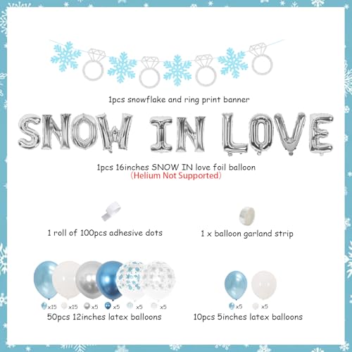 Winter Bridal Shower Decorations - Snow In Love Bridal Shower Decor Blue and Silver Balloon Garland Arch Kit, Snow in Love Foil Balloon, Snow and Ring Banner for Winter Wedding Engagement Party