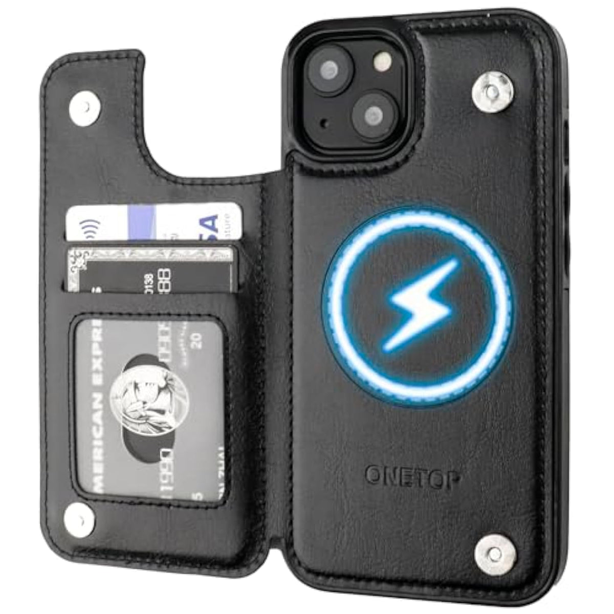 Onetop Compatible With Magsafe For Iphone 14 Wallet Case With Card Holder, Pu Leather Kickstand Rfid Blocking Case, Double Magnetic Clasp And Durable Shockproof Cover 6.1 Inch (Black)