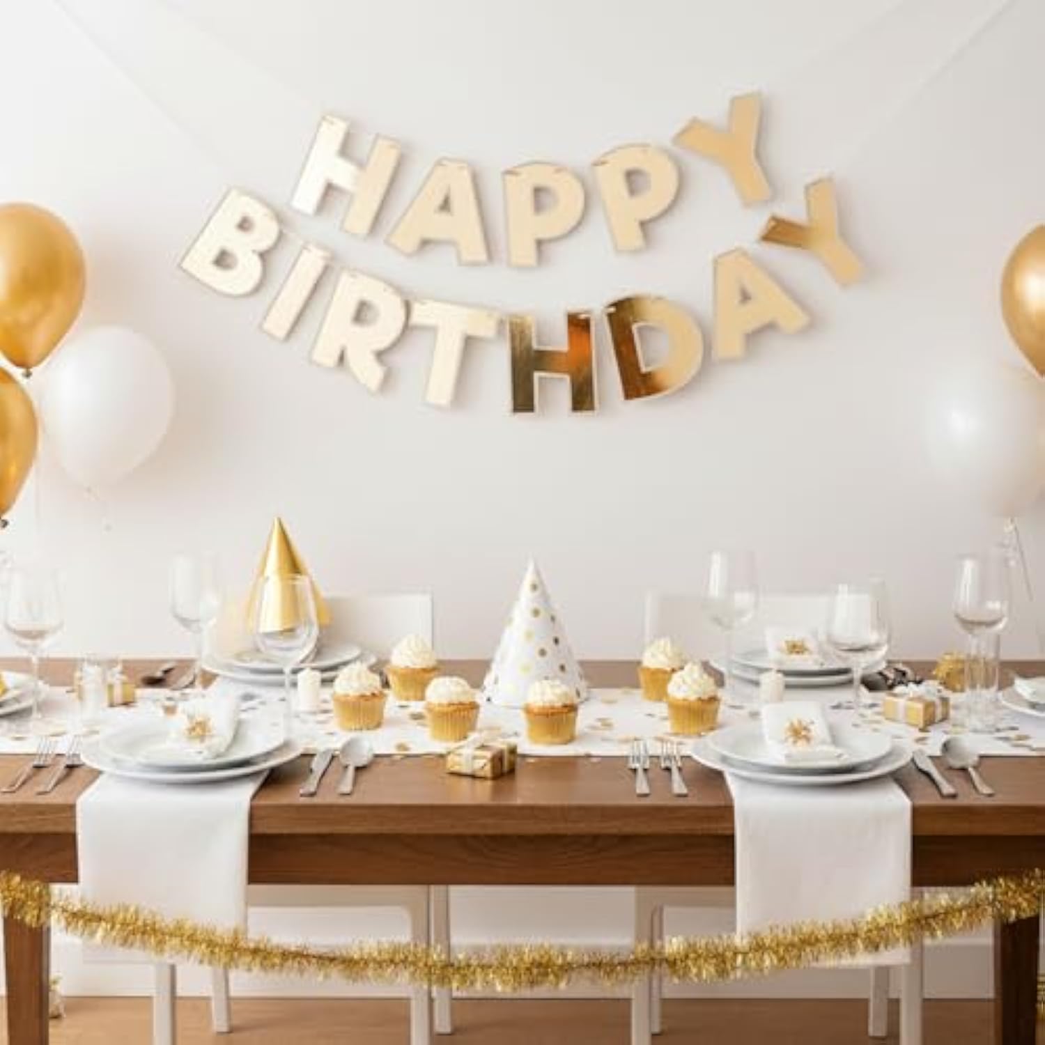 Large Happy Birthday Premium Bunting Banner Decoration Baby Boy Girl Adult Party Supply (Metallic Gold With Accent Border)