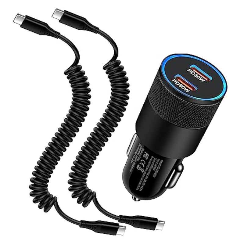Type C Fast Car Charger For Samsung Galaxy S25 Ultra/S24/A55/A16/A15/A35/A54/S24 Ultra/S23,Iphone 16 Pro Max,Pixel 9 8,60W Dual Usb-C Car Rapid Charger Adapter+2Pack 3Ft Android Coiled Usb C Pd Cable