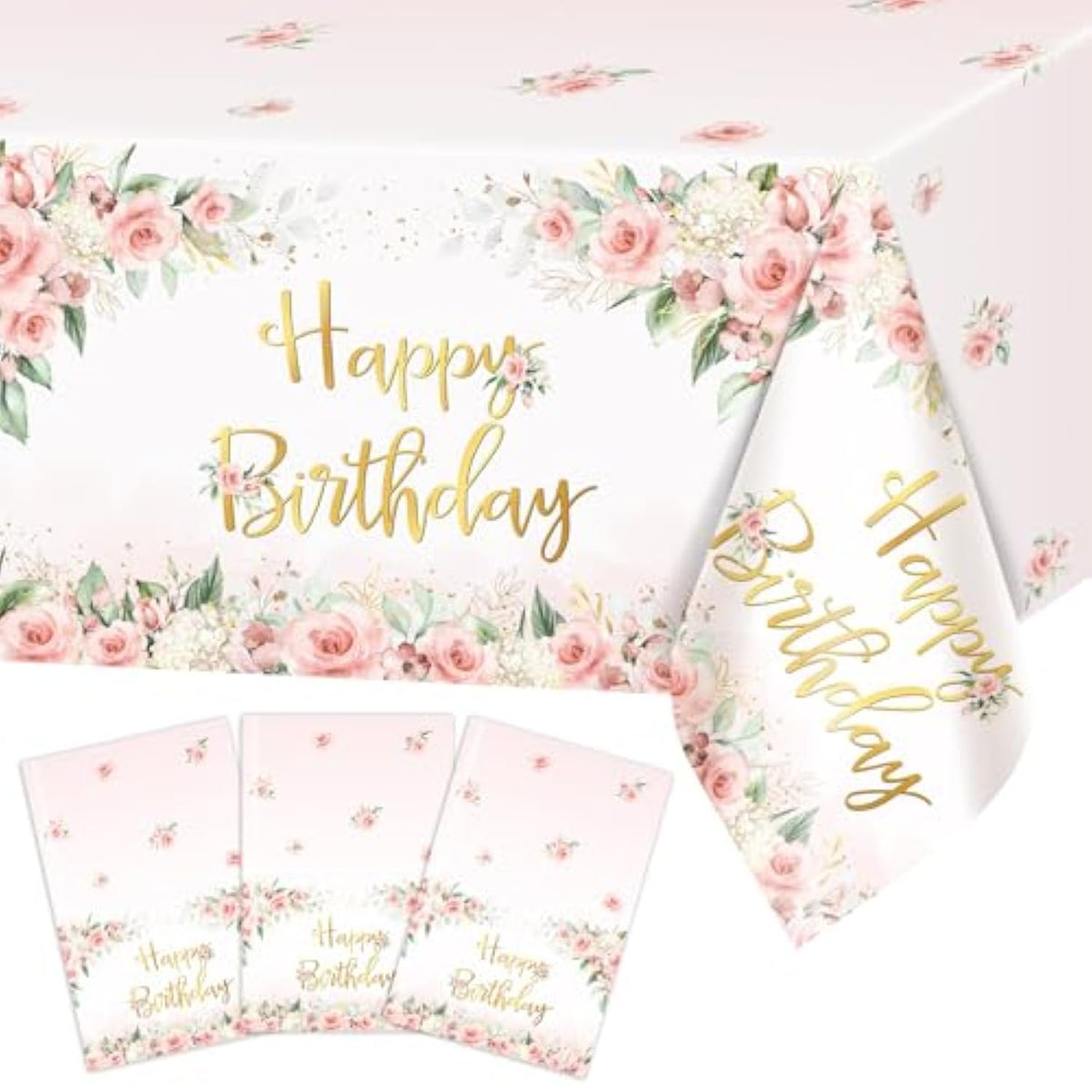 3 Pcs Rose Gold Pink Floral Happy Birthday Tablecloths 108x54 Inch