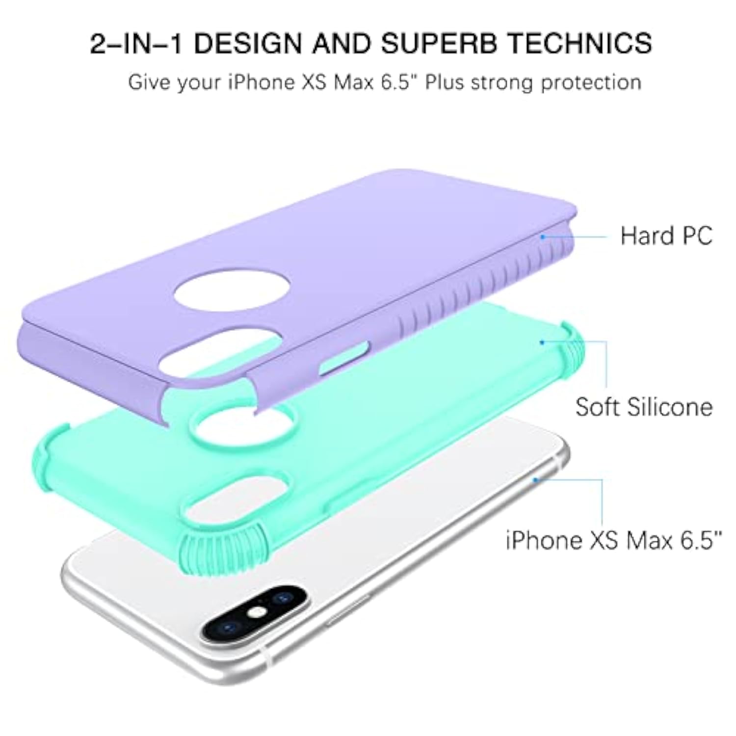 For Iphone Xs Max Case, Phone Case Iphone Xs Max, Heavy Duty 2 In 1 Full Rugged Shockproof Protection Hybrid Hard Pc Bumper Drop Protective Girls Women Boys Iphone Xsmax Covers, Purple/Mint