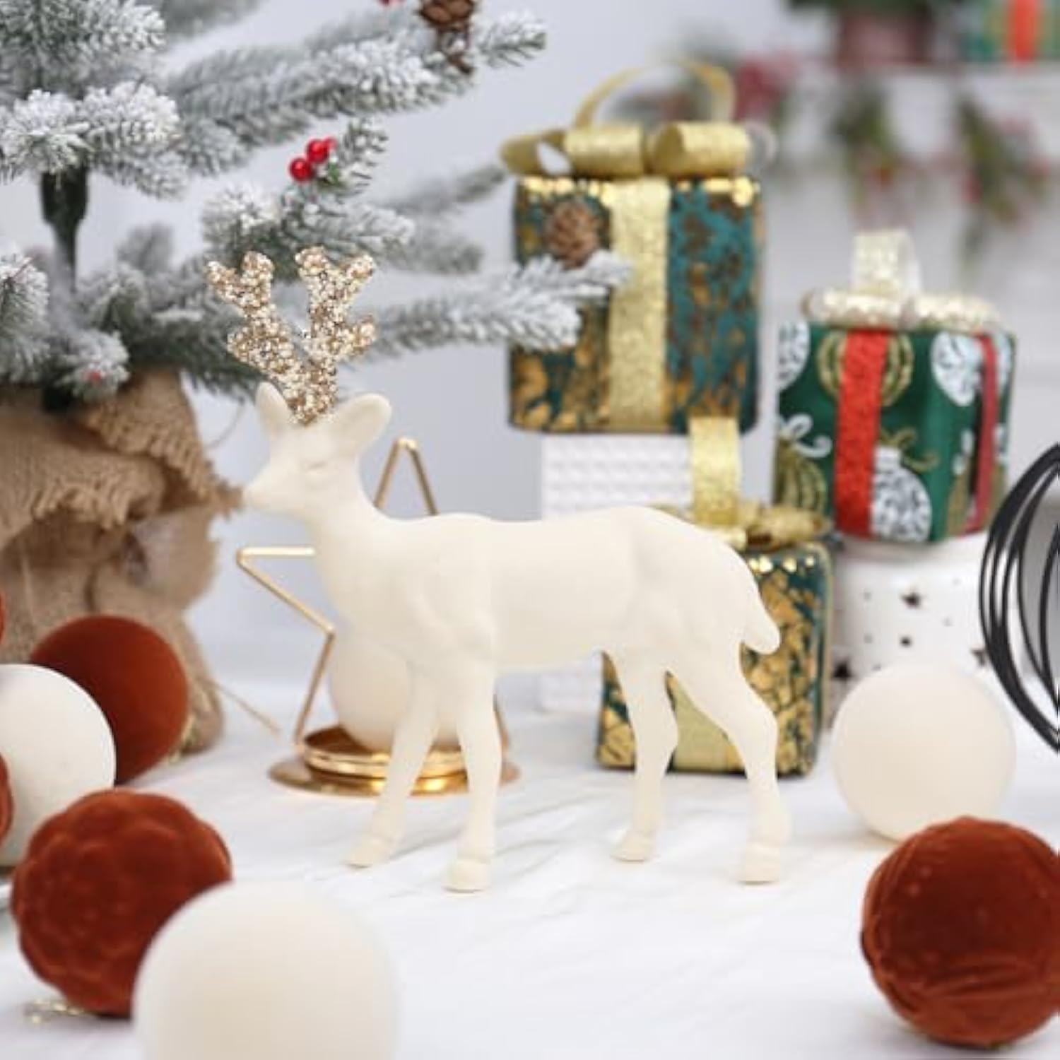 Velvet Reindeer Christmas Decorations, 2Pcs Beige Flocking Deer Figurine Statue Table Decorations, For Home Holiday Xmas Gift Party Decor.