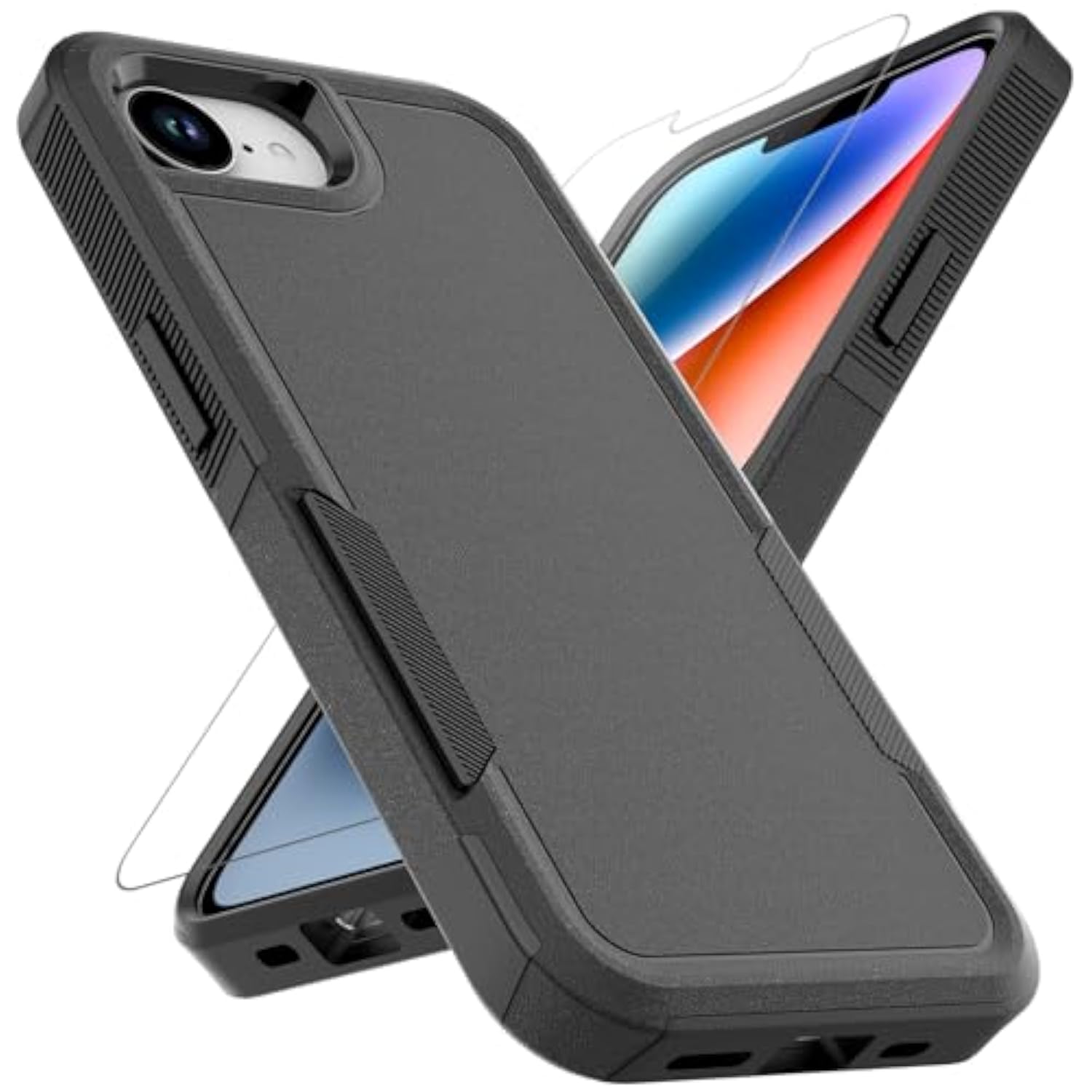 For Iphone 16E Case: Dual Layer Protective Heavy Duty Cell Phone Cover Shockproof Rugged With Hd Screen Protector - Protection Bumper Tough - For Apple Iphone 16E, Black