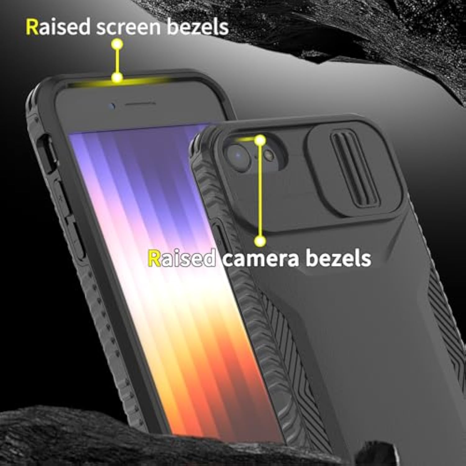 Heavy Duty Rugged Shockproof Protective Case for iPhone SE 2022/2020/3rd/2nd, iPhone 8/7 - 2 in 1 Built-in Slide Camera Cover & Screen Protector, Black, 4.7"