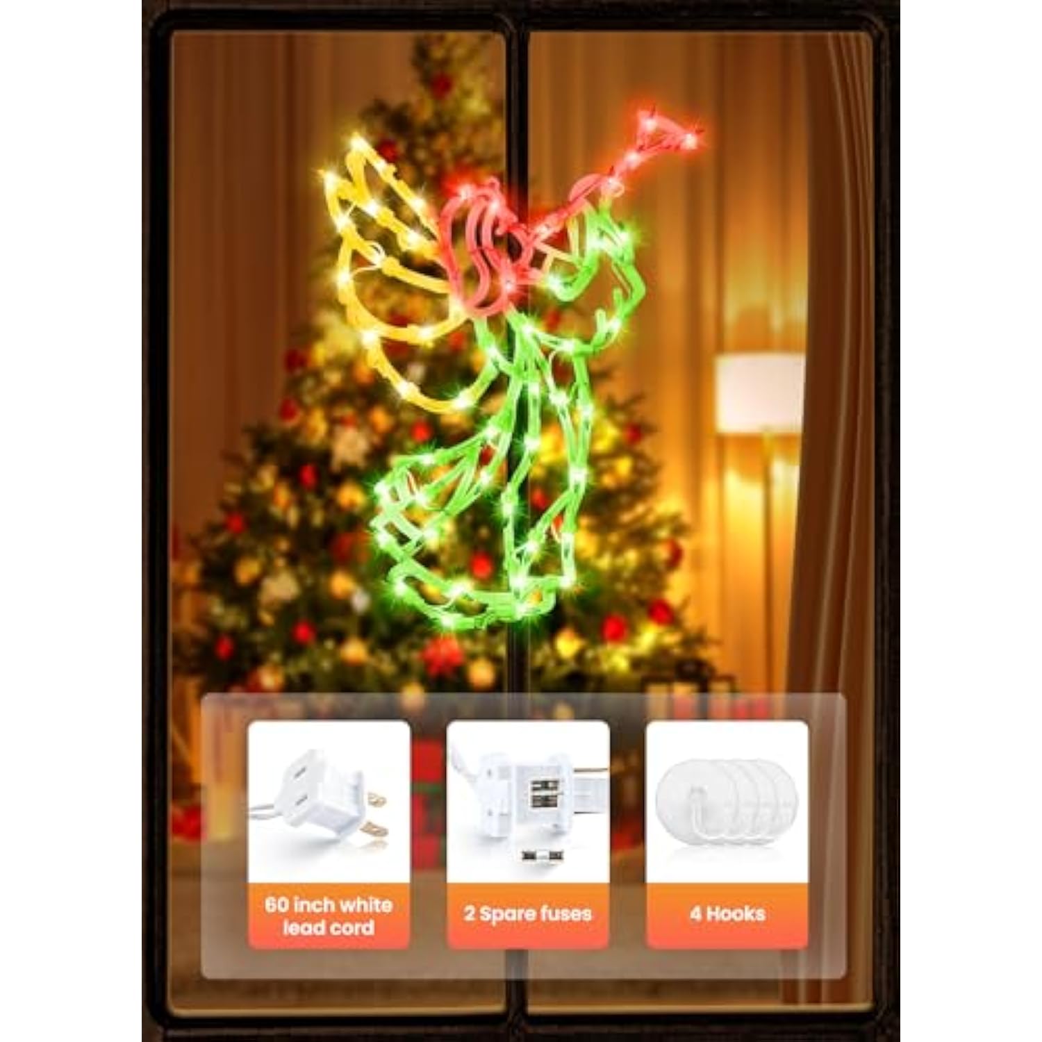 Christmas Window Silhouette Lights Decorations - Pack Of 4 Sign Colour Lighted Wreath, Candy Cane, Bell, And Angel For H