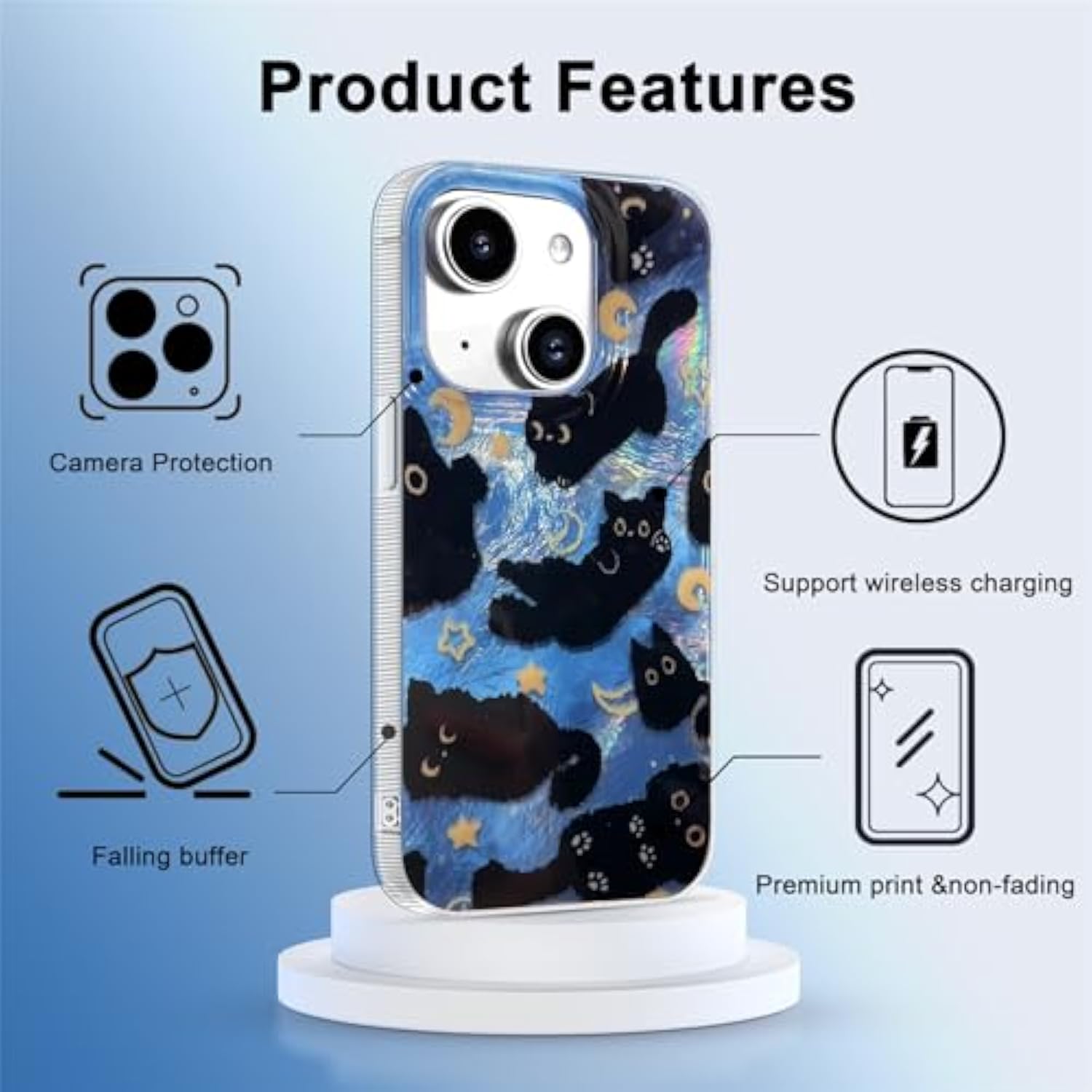 Iphone 13/14 Case, Black Cat Design, Slim Silicone Bumper Case, Wireless Charging Compatible