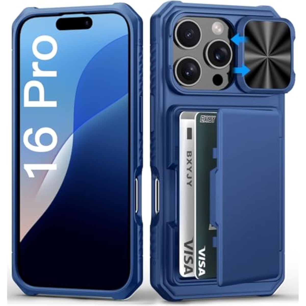iPhone 16 Pro Case with Card Holder, Slide Camera Cover, Military-Grade Protection, Blue