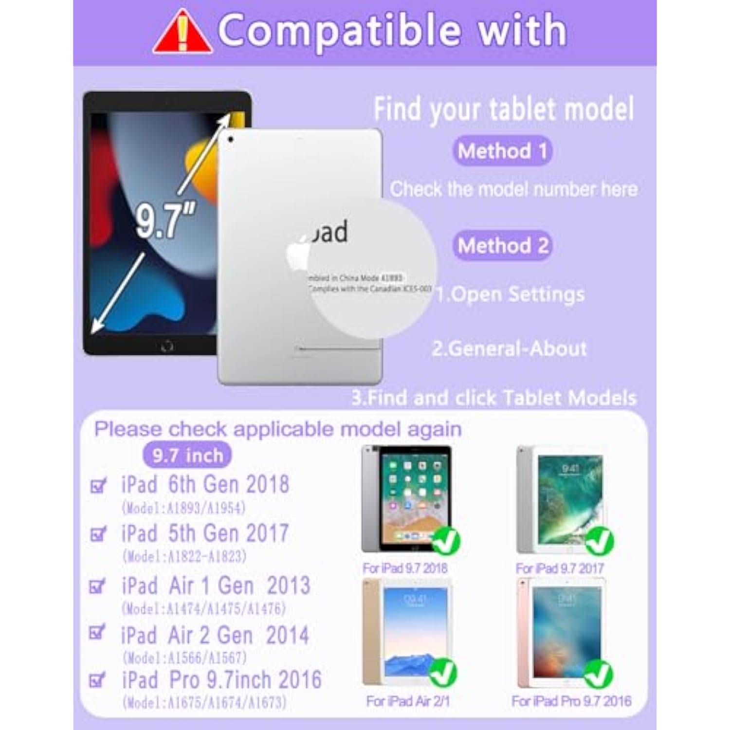 Case With Keyboard And Mouse For Ipad 6Th/5Th Generation Air 1 2 Pro 9.7Inch,7 Color Rainbow Backlight Detachable Usb-C Keyboard Magnetic Case With Pen Slot For Ipad 2018 2017 Purple+Mouse