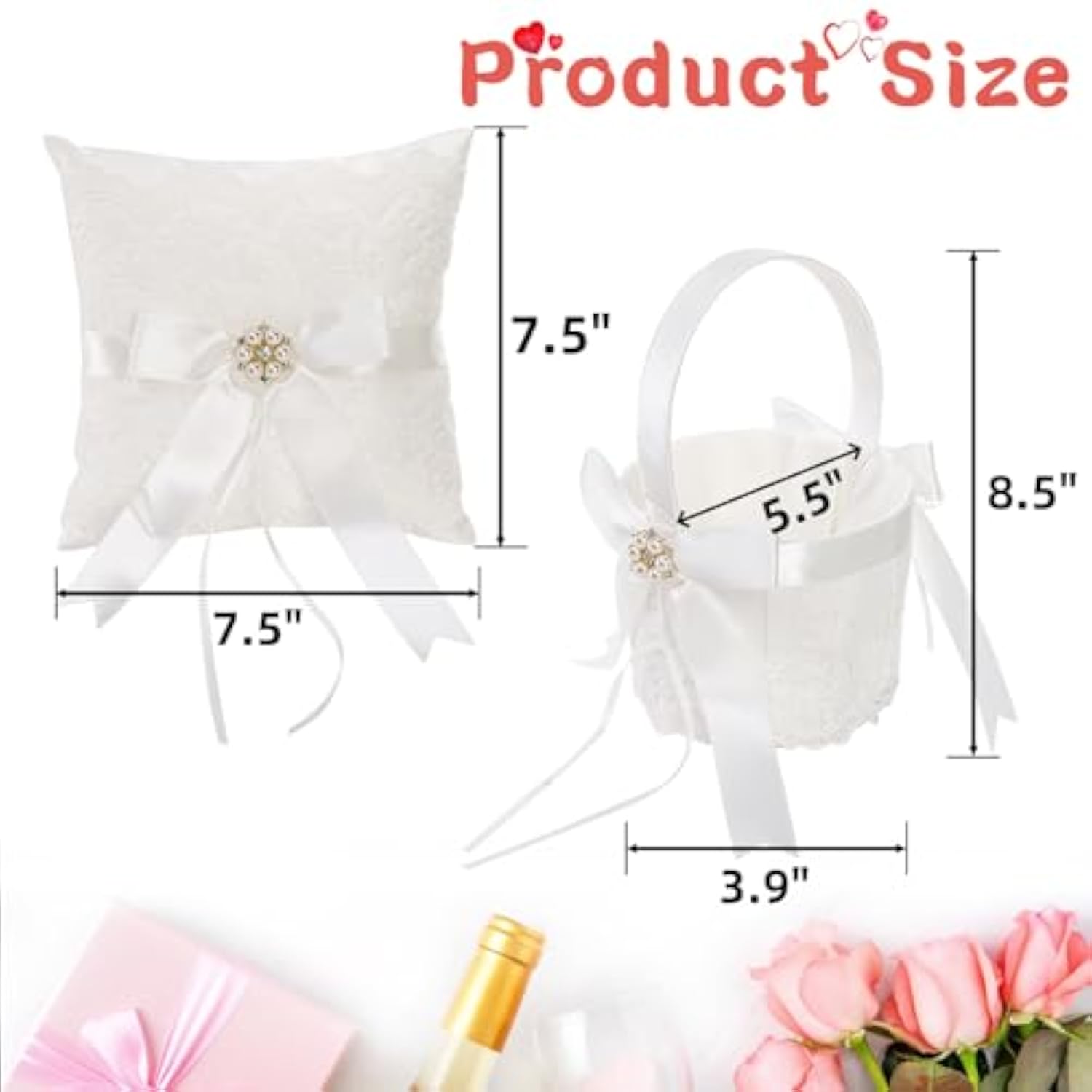 2 Pack Flower Girl Basket And Ring Bear Pillow Set, Cute Lace Pearl Flower Baskets With Ring Cushion, Cherish Ivory Rhinestones Satin Wedding Fairy Decor Party Ceremony