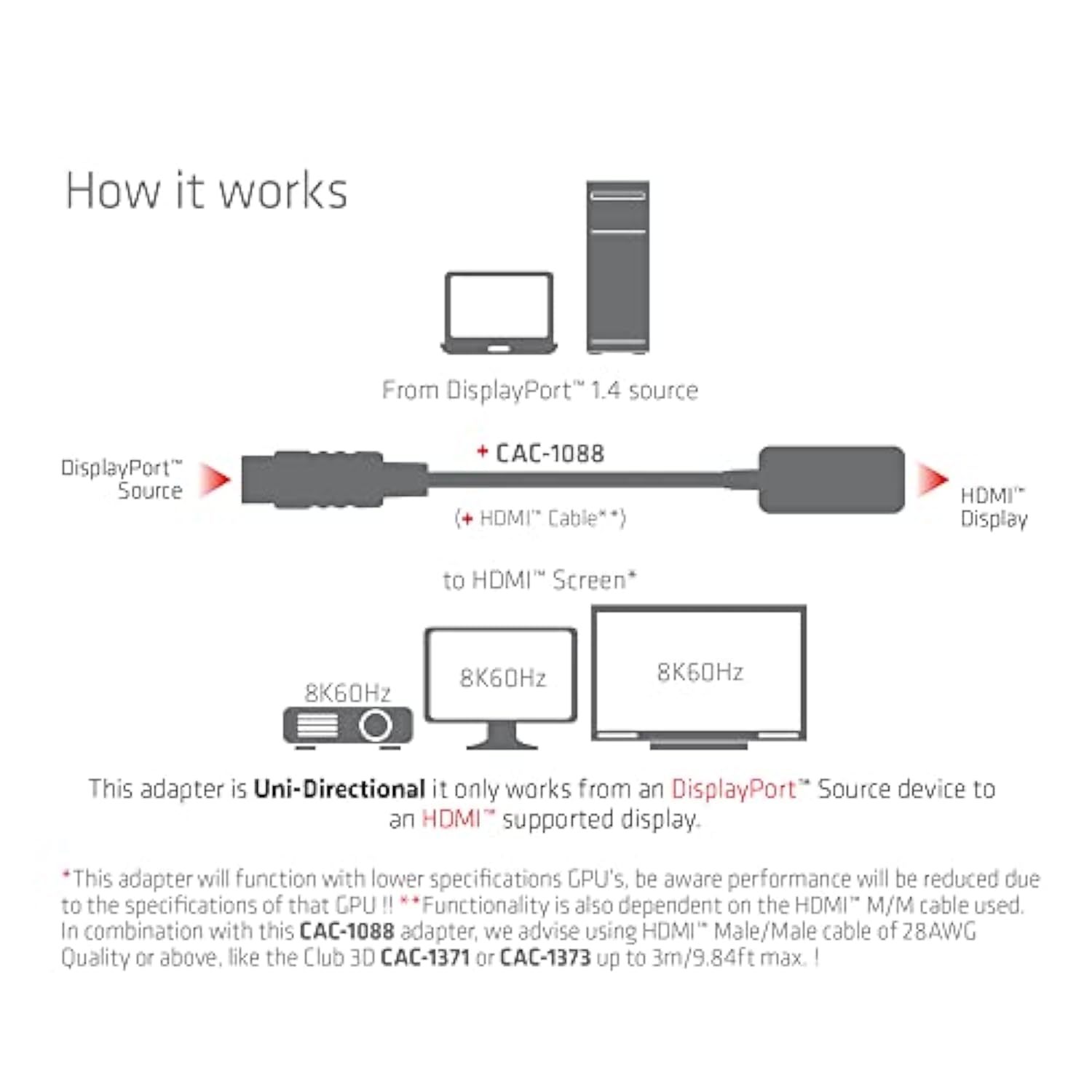 Cac-1088 Displayport1.4 To Hdmi 4K120Hz/8K60Hz Hdr Active Adapter M/F