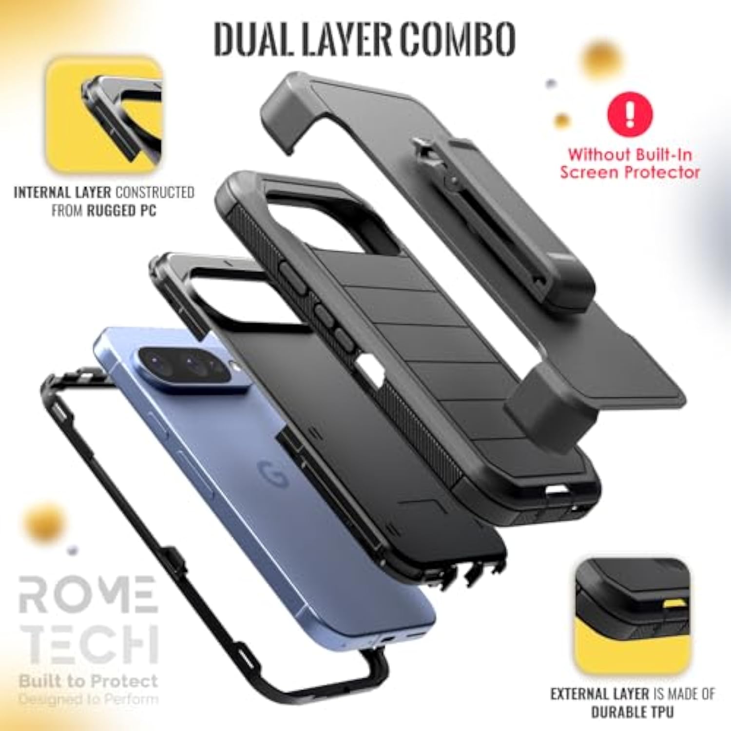 Designed For Google Pixel 10/ Pixel 10 Pro Case With Belt Clip Holster & Kickstand, Screenless Protective Dual-Layer Shockproof Phone Case - Black